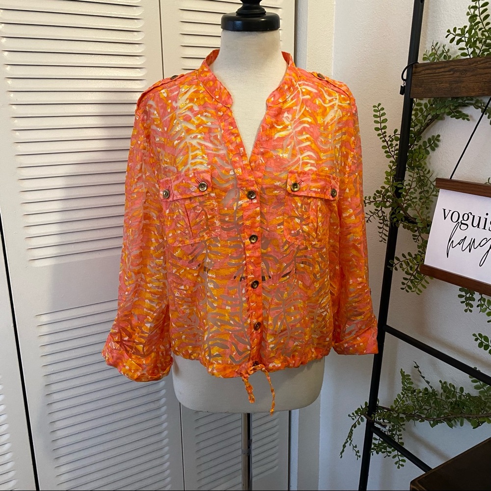 Lark Lane|18|Orange Yellow Pink Neon Leaf Cut Out Silhouette Blouse